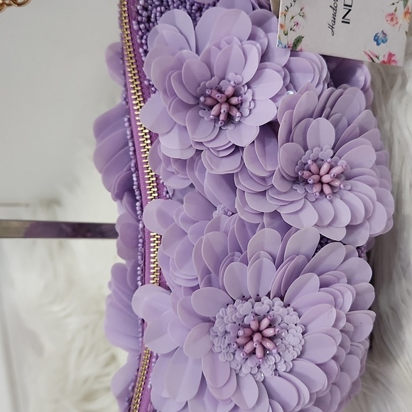 💜🔹️Made In India🔹️ Beaded Purple Floral Embelishment Gold Chain Shoulder Bag - Picture 7 of 13
